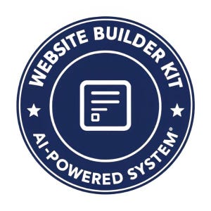 Puede incluir: Un emblema circular azul marino con texto blanco que dice "WEBSITE BUILDER KIT" y "AI-POWERED SYSTEM". El emblema tiene un icono cuadrado blanco con líneas y un pequeño cuadrado en el interior. Dos estrellas blancas están en el emblema.
