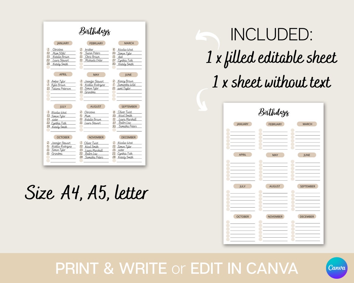 Editable Birthday List Printable Birthday Tracker Birthday Planner ...