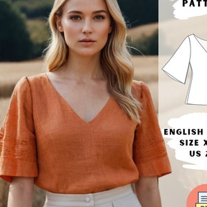 V-Neck Bell Sleeve Top Sewing Pattern PDF  | Linen V-Neck Top | Women's Boho Blouse XS-5XL - Easy Summer Top