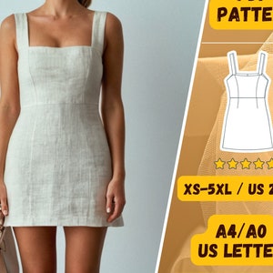 Puede incluir: Un patrón de costura digital PDF para un vestido blanco sin mangas con escote cuadrado. El patrón incluye las tallas XS-5XL y las tallas españolas 34-52. El patrón está disponible en los formatos A4, A0 y US Letter. El patrón incluye instrucciones en inglés.