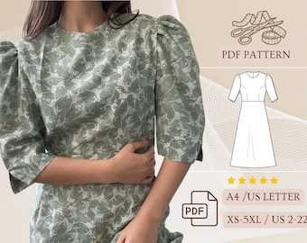 Puff Sleeve Sewing Dress, PDF A-Line Dress, Half Sleeve Dress, PDF Patterns with Instructions, XS - 5XL