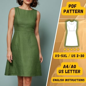 A-Line Linen Sewing Pattern Dress,  Sleeveless , Boat Neck Summer Dress PDF Pattern, Minimalist Green Dress, XS-5XL