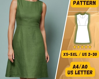 A-linjemönster för linneklänning, ärmlös, sommarklänning med båtringning PDF-mönster, minimalistisk grön klänning, XS-5XL