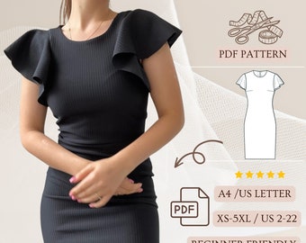 Pencil Dress Sewing Pattern, Ruffled Sleeve Dress Pattern, Shift Dress Pattern, Midi Dress Pattern, Easy Sewing Patterns