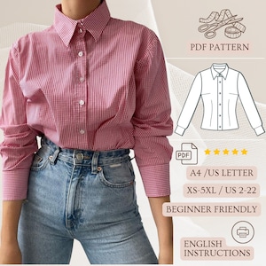 May include: A PDF sewing pattern for a red and white gingham button-up shirt with long sleeves. The pattern includes instructions in English and is available in sizes XS-5XL. The pattern is printed on A4 or US Letter size paper.