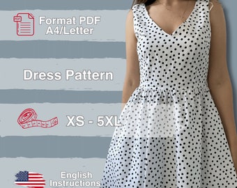 Dress Sewing Pattern, XS-5XL,  Easy Dress Pattern White Black dot dress, Women Gathering Dress PDF Pattern