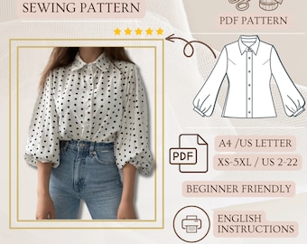 Lantern Sleeve Sewing PDF Pattern Blouse, Size XS-XXL, Puff Sleeve Shirt Digital Pattern, Collared Office Shirt