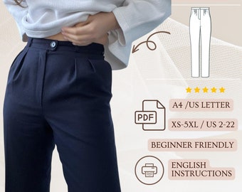 Women High Waist Pants Sewing Pattern, Classic Button Trousers PDF Pattern