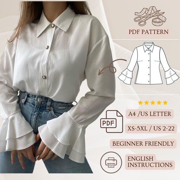 Ruffle sleeves blouse PDF, girl blouse pattern, bell sleeve pdf sewing, XS - 5XL, Digital Pattern Shirt