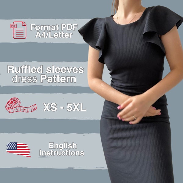 Pencil Dress Sewing Pattern, Ruffled Sleeve Dress Pattern, Shift Dress Pattern, Midi Dress Pattern, Easy Sewing Patterns