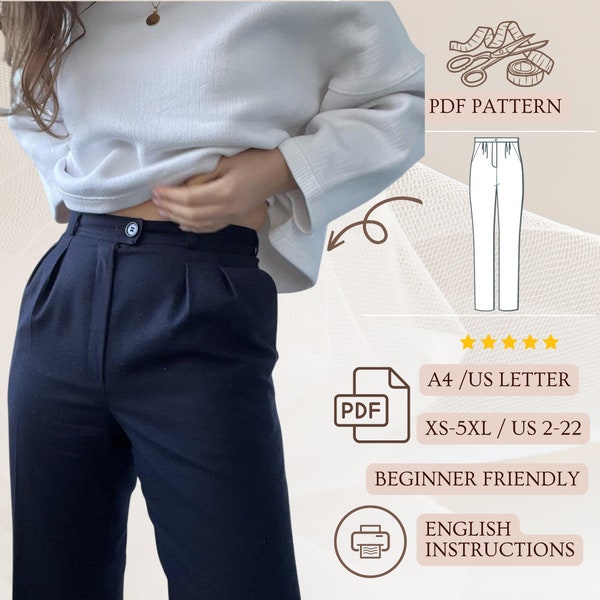 Women High Waist Pants Sewing Pattern, Classic Button Trousers PDF Pattern