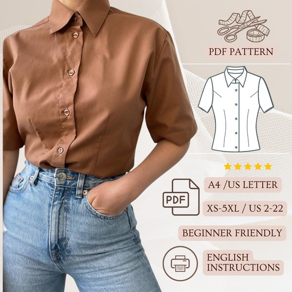 Short Sleeve Blouse PDF Sewing Pattern Button Up Shirt PDF Pattern Collar Blouse PDF