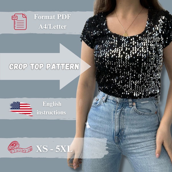 Sewing pattern crop top, sequins top, easy sewing pattern, digital product, english instructions, night club blouse