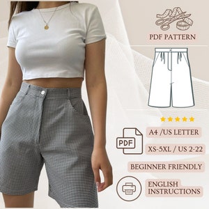High Waist Shorts PDF Pattern Women Button Cotton Shorts Sewing Pattern Summer Casual Short Pants Pattern