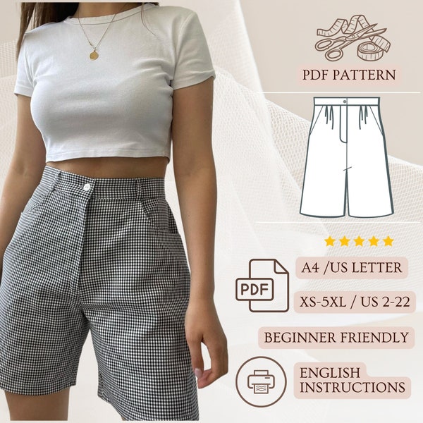 High Waist Shorts PDF Pattern Damen Knopf Baumwolle Shorts Schnittmuster Sommer Lässige Kurze Hosen Schnittmuster