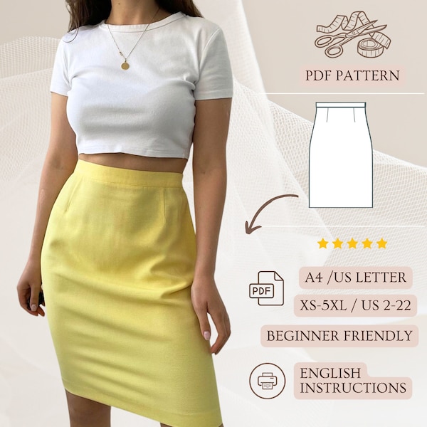 High Waist Skirt PDF Sewing Pattern Women Office Skirt Pattern Pencil Skirt