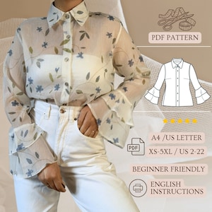 Op de afbeelding: Een PDF-naaipatroon voor een witte, doorschijnende blouse met een bloemenprint en geruite mouwen. Het patroon bevat instructies in het Engels en is verkrijgbaar in de maten XS-5XL (Nederlandse maten 34-52).