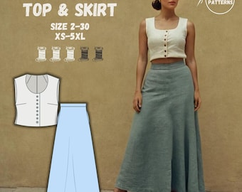 May include: A sewing pattern for a top and skirt. The pattern includes instructions for sizes 2-30 and XS-5XL. The image shows a white sleeveless top with buttons and a light blue skirt.
