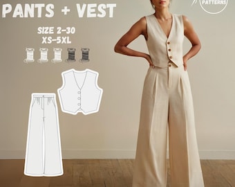 Wide-Leg Pants and Vest Sewing Pattern, Women’s Minimalist Outfit, Sizes 2-30, V-neck Vest PDF Pattern, Palazzo Women Pants
