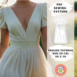 V-Neck Puff Sleeve Dress Sewing Pattern PDF | Elegant Pleated Dress | Sizes XS-5XL | Renaissance Dress | Dress Sewing Instructions