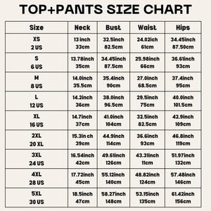 May include: A size chart for tops and pants with measurements in inches and centimeters. The chart includes sizes XS to 5XL, with corresponding neck, bust, waist, and hip measurements.