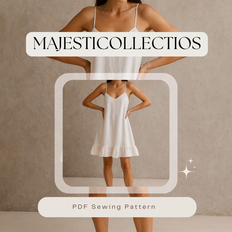 May include: A white, sleeveless dress with a V-neck and a ruffled hem. The dress is shown on a person. The text "MAJESTICCOLLECTIOS" is at the top, and "PDF Sewing Pattern" is at the bottom.