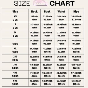 May include: Size chart for clothing with measurements in inches and centimeters. The chart includes sizes XS to 5XL, with corresponding neck, bust, waist, and hip measurements.