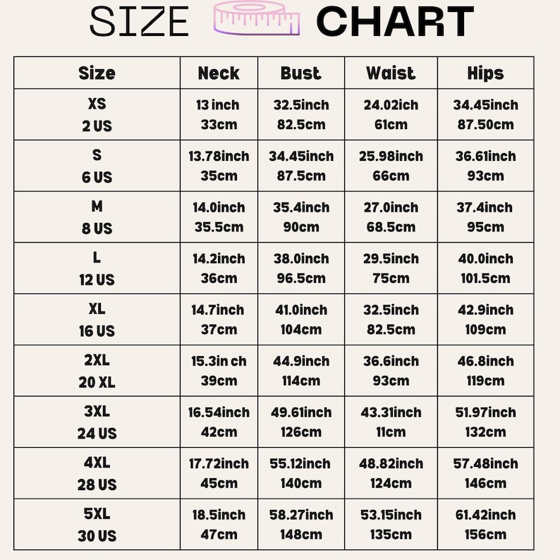 May include: Size chart for clothing with measurements in inches and centimeters. The chart includes sizes XS to 5XL, with corresponding neck, bust, waist, and hip measurements.