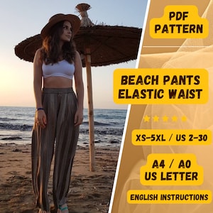 May include: A person wearing striped beach pants and a white crop top stands on a beach. The image includes text that says "PDF Pattern", "Beach Pants Elastic Waist", and size information.