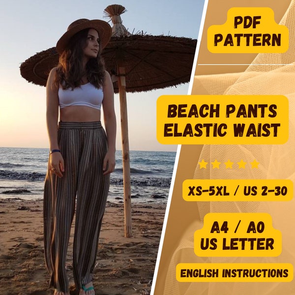 Elastic Waist Sewing Pants, Beach Pants, Sewing Pattern Pants, PDF Instant Download PDF Tutorial, Loose Pants, XS-5XL