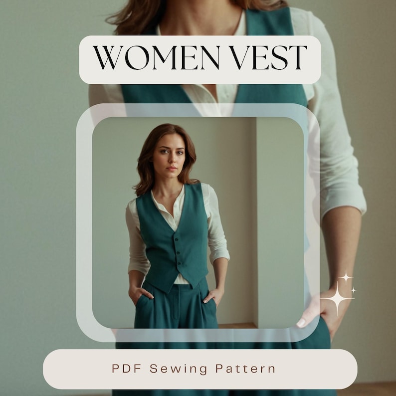 May include: A teal vest and matching pants are worn over a white blouse. The image includes the text "WOMEN VEST" and "PDF Sewing Pattern". The vest has a button-up front and is part of a suit.