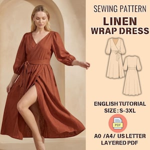 May include: A terracotta-coloured linen wrap dress with long sleeves and a high slit. The dress is tied at the waist with a matching belt. The image also includes a sewing pattern with the text "LINEN WRAP DRESS" and "ENGLISH TUTORIAL SIZE: S-3XL".
