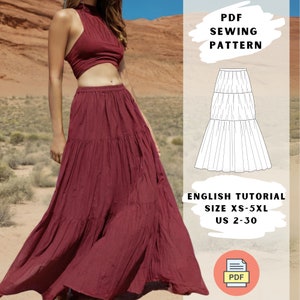May include: PDF sewing pattern for a tiered maxi skirt with an English tutorial. The pattern includes sizes XS-5XL and UK sizes 2-30.