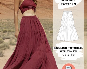 Tiered Maxi Skirt Sewing Pattern | PDF | Gypsy Skirt | Gathered Maxi Skirt with Waistband | Boho  Skirt