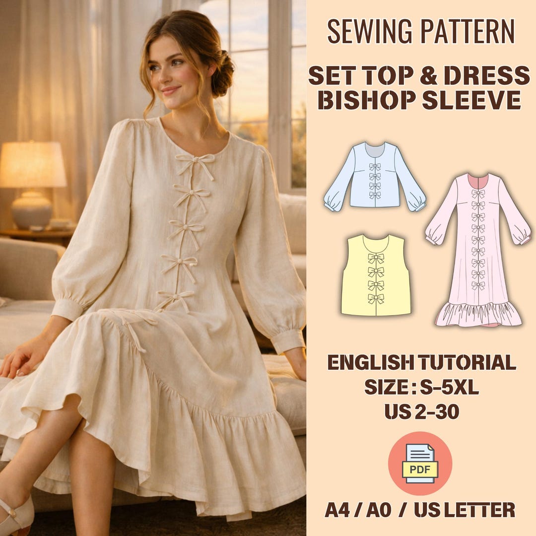 Bishop Sleeve Dress and Top Sewing Pattern, Ruffle, Sleeveless, Tie ...