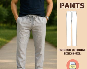 Men’s Linen Pants Sewing Pattern – Drawstring Trousers PDF, Lounge Pants, Beachwear, Summer Menswear, XS–3XL Sizes – A0, Gift for him