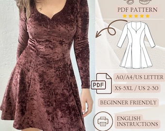Sweetheart-Neckline Dresses, PDF Sewing Pattern, Flared Dress, Simplicity Sewing Pattern, XS-5XL
