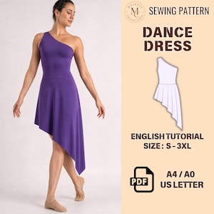 Könnte beinhalten: Ein violettes One-Shoulder-Tanzkleid mit asymmetrischem Saum. Das Bild enthält den Text: SEWING PATTERN DANCE DRESS, ENGLISH TUTORIAL, SIZE: S-3XL, PDF, A4 / A0, US LETTER sowie ein MAJESTI COLLECTIONS Logo mit einer Skizze des Kleides.
