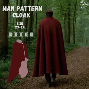 May include: A red cloak pattern for sewing. The pattern includes sizes XS-3XL. The image shows a person wearing a red cloak walking in a forest.