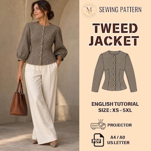 May include: A sewing pattern for a tweed jacket with a round neckline, long sleeves, and gold buttons. The digital file includes an English tutorial, sizes XS-5XL, and is compatible with projectors, A4, A0, and US Letter paper formats.