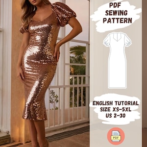 Peut inclure: Patron de couture PDF pour une robe midi à paillettes avec des manches bouffantes. Le patron comprend un tutoriel en anglais et est disponible dans les tailles XS-5XL (FR 34-52).
