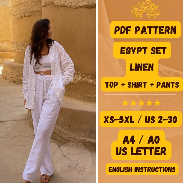 Set linnen naaipatroon, linnen broek, linnen shirt en katoenen top, Bali set, Egypte set, driedelige set, PDF naaipatroon, XS-5XL