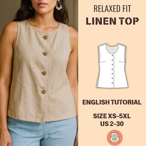 Könnte beinhalten: Beiges Leinen-Top ohne Ärmel mit dekorativen Knöpfen. Das Oberteil hat eine lockere Passform und ist Teil eines englischen Tutorials. Die Größentabelle reicht von XS bis 5XL und US-Größen 2-30.