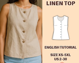 Modello PDF per top senza maniche in lino – Bottoni sul davanti, camicetta dalla vestibilità comoda, tutorial per cucire una camicia dalla XS alla 5XL