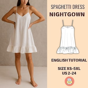 Può includere: Un abito bianco con spalline sottili, scollo a V e orlo a balze. L'abito è indossato da una persona. L'immagine include anche un disegno a tratto dell'abito e il testo "SPAGHETTI DRESS NIGHTGOWN ENGLISH TUTORIAL SIZE XS-5XL US 2-24".