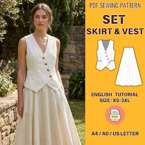 Può includere: Una donna indossa un completo gilet e gonna color crema. Il gilet ha uno scollo a V e una chiusura con bottoni. La gonna è un design fluido e plissettato. L'immagine include anche un diagramma della gonna e del gilet, e il testo "PDF Sewing Pattern SET SKIRT & VEST ENGLISH TUTORIAL SIZE: XS-3XL".