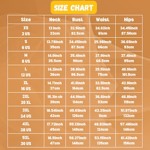 K&ouml;nnte beinhalten: Gr&ouml;&szlig;entabelle f&uuml;r Kleidung mit Ma&szlig;en in Zoll und Zentimetern. Die Tabelle zeigt die Ma&szlig;e f&uuml;r Hals, Brust, Taille und H&uuml;fte f&uuml;r die Gr&ouml;&szlig;en XS bis 5XL.