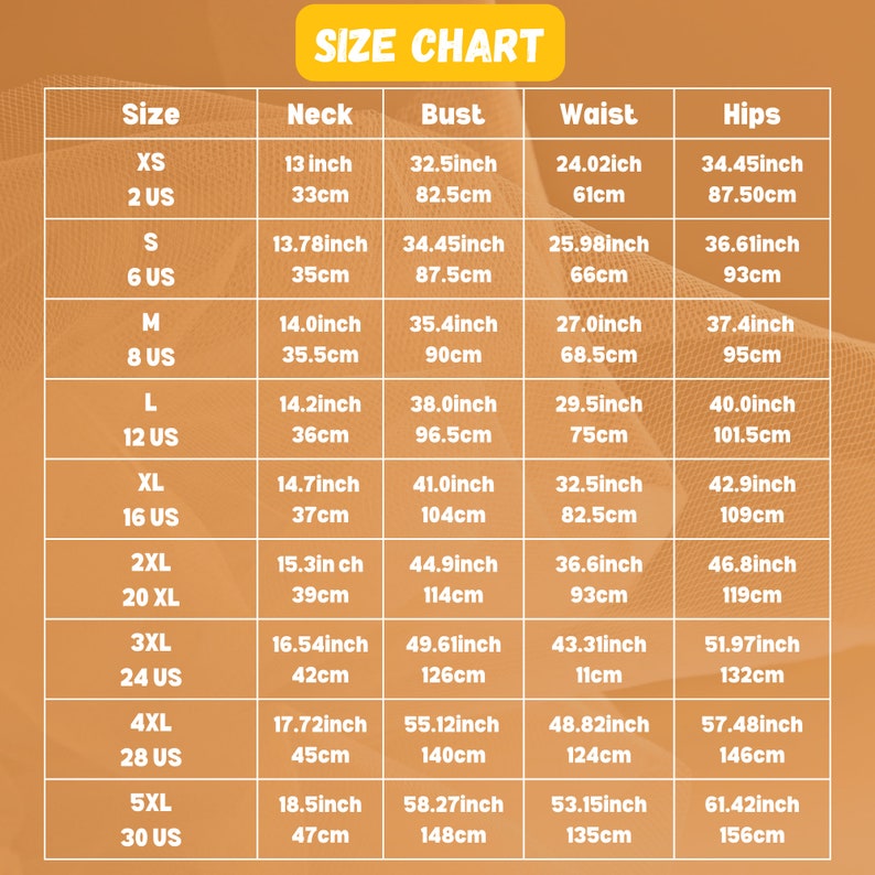 K&ouml;nnte beinhalten: Gr&ouml;&szlig;entabelle f&uuml;r Kleidung mit Ma&szlig;en in Zoll und Zentimetern. Die Tabelle zeigt die Ma&szlig;e f&uuml;r Hals, Brust, Taille und H&uuml;fte f&uuml;r die Gr&ouml;&szlig;en XS bis 5XL.