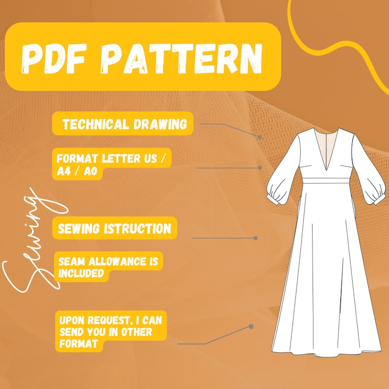 May include: A digital PDF sewing pattern for a white dress with long sleeves and a V-neck. The pattern includes technical drawings, sewing instructions, and seam allowance. The pattern is available in letter, A4, and A0 sizes.