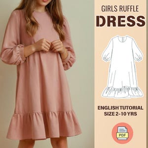 Girls Ruffle Dress Sewing Pattern PDF, Bishop Sleeve Dress Pattern for Toddlers and Kids, Easy Tutorial in English 2-10Y, Ruffle Dress